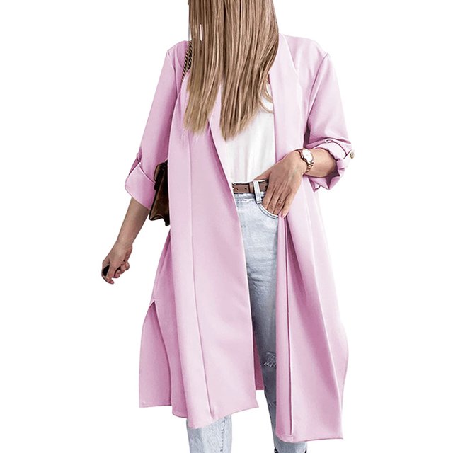 SAYOO, gabardina abierta por delante para mujer, cárdigan largo de manga 3/4 informal holgado de Color sólido para ropa de calle de otoño SAYOO moda