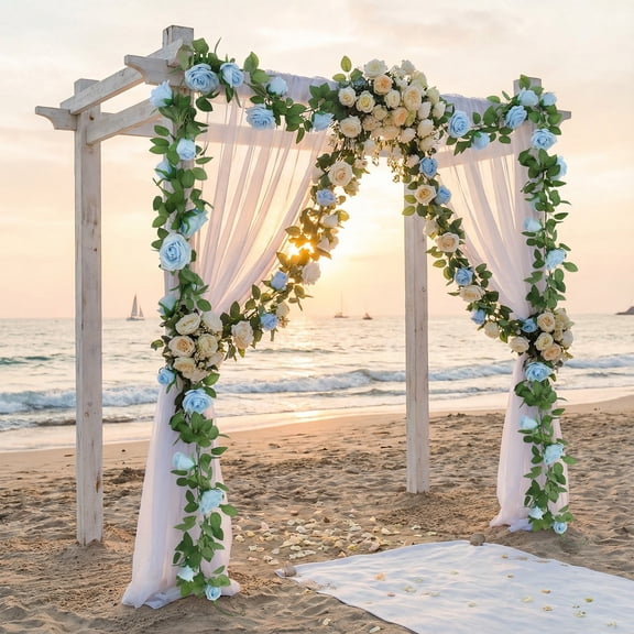6.6FT Artificial Garland with Blue Roses & Breath - Floral Vine for Wedding Arch, Party Centerpiece & Table Runner Decor