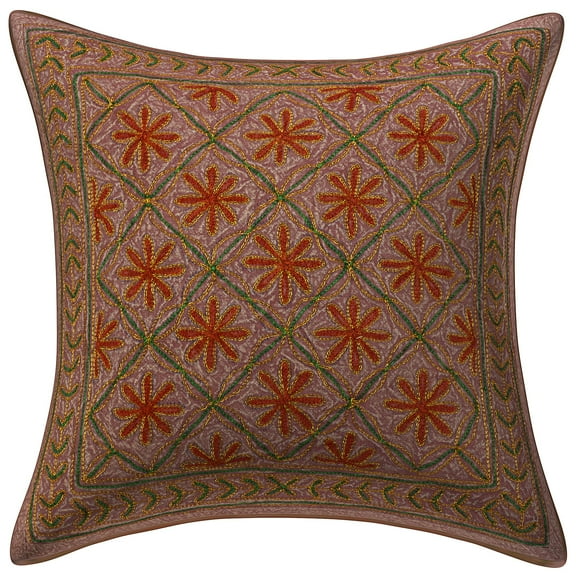 Stylo Culture Ethnic Settee Sofa Throw Pillow Cover 16 x 16 Sequins Gold Zari Embroidered Brown Indian 40cm x 40cm Home Decor Cotton Floral Square Cushion Cover | 1 Pc