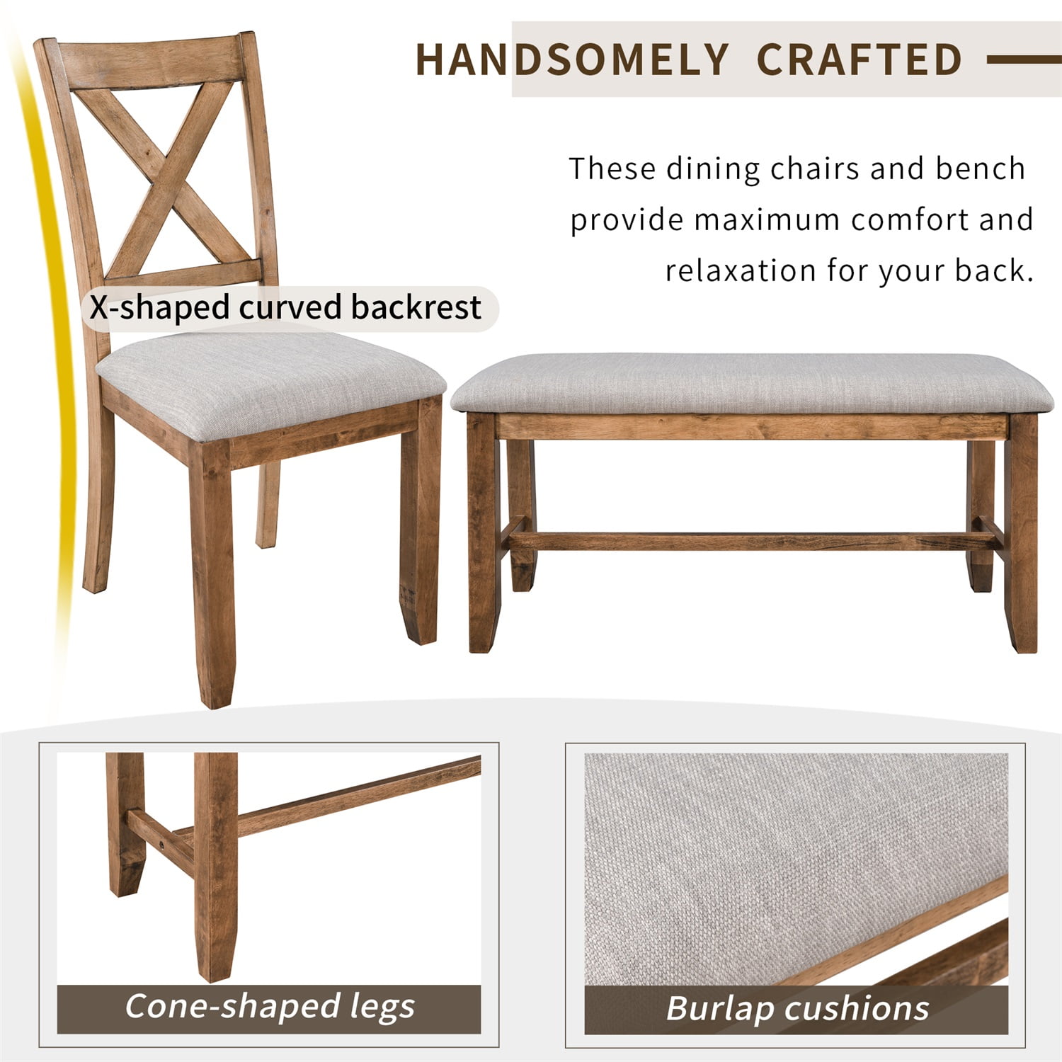 Kadyn 6-Piece Kitchen Dining Table Set Wooden Rectangular Dining Table, 4 Fabric Chairs and Bench Family Furniture (Natural Cherry)