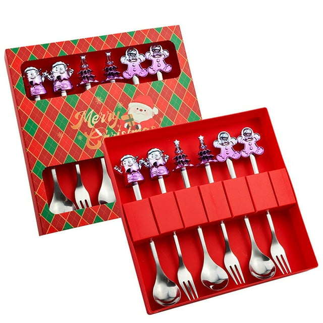 6Pcs Christmas Spoons and Forks Set Santa, Reindeer Tea Spoons and Dessert Forks Stainless Steel Stirring Spoons Decor Gift for Christmas Party, New Year Green Package Box