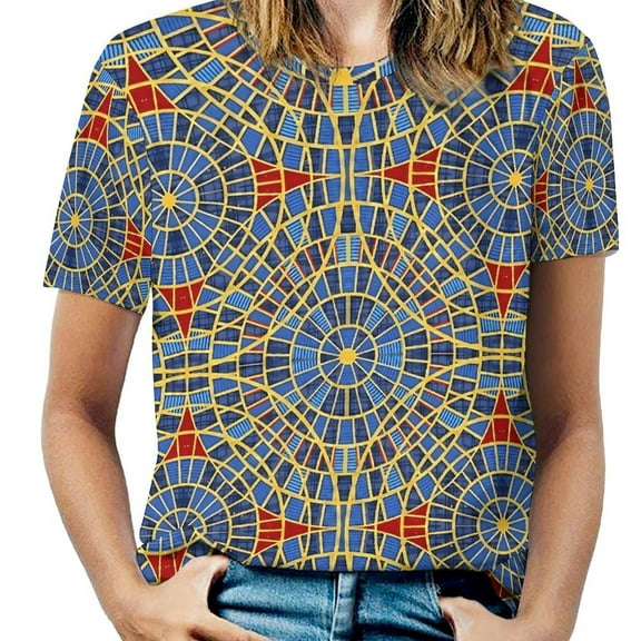 Geometric Blue Mosaic Print T Shirts Basic T-Shirt Short Sleeve Ladies Tee Shirt Summer Graphic Clothing