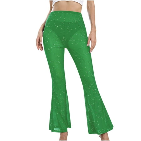 

Dadaria Wide Leg Pants for Women Ladies Mesh Sheer Solid Color Elastic Flared Pants Green S Female
