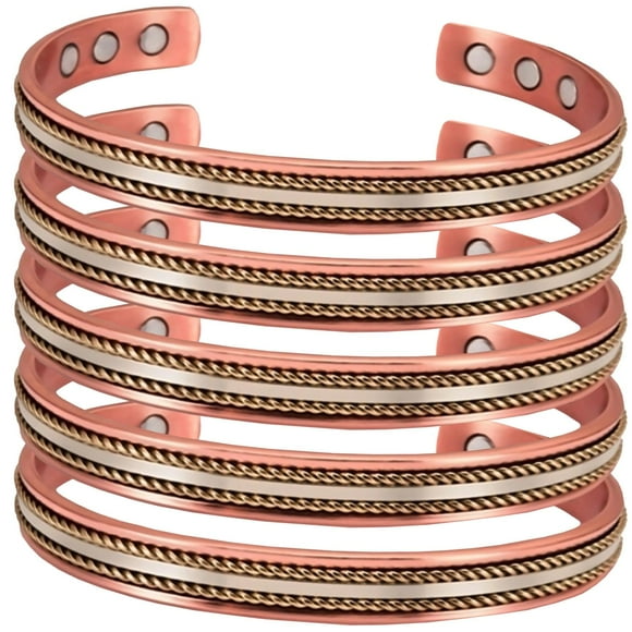 Pulsera magnética bicolor. AlignPulse 5Pzas 15-18cm 8mm Cobre Texturizado Color: Cobre dorado y plata.