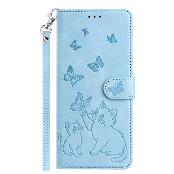 For iPhone 13 Pro Flip Phone Case,With Card Slots,Wrist Strap,Flip Folding Kickstand,Cat Playing Butterfly Emboss PU Leather Design,Shockproof Anti-fall Drop Protection Wallet Case,Lightblue