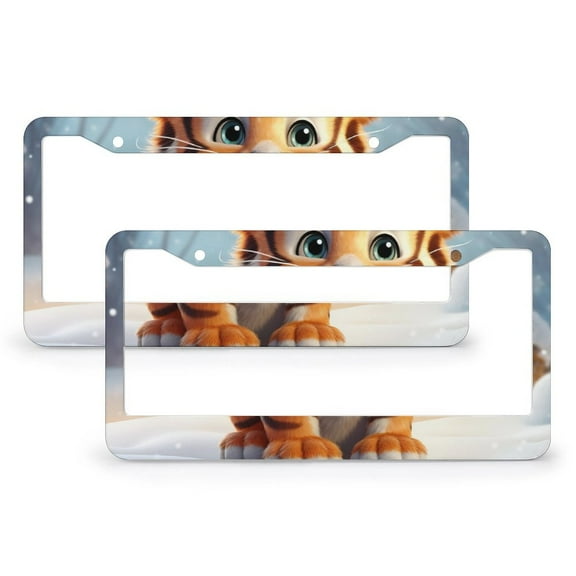 Cartoon Tiger Christmas Snow Winter Animals Tiger License Plate Frame 2 Pieces Bengal Tiger Face Auto Car Accessories Tag Car Accessories US Canada Standard Quality Aluminum License Plate Frames