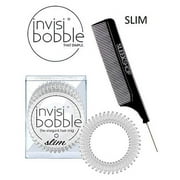 Invisibobble Traceless Hair Ring (with Sleek Steel Pin Tail Comb) (Slim / Crystal Clear - 3 pack)