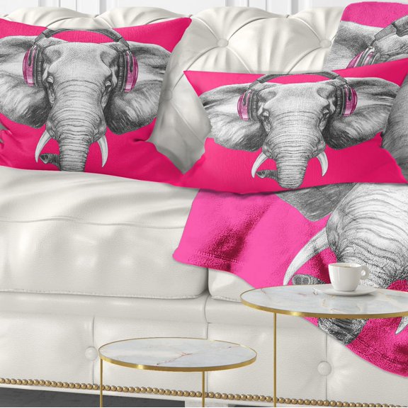 Designart Elephant with Headphones - Contemporary Animal Throw Pillow - 12x20