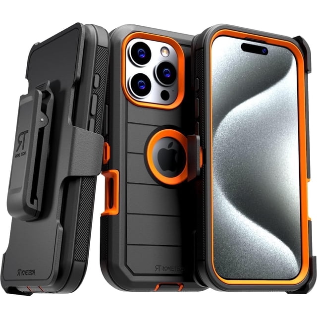 Rome Tech Funda Protectora para iPhone 16 Pro con Clip para Cinturón y Soporte, Carcasa Protectora de Doble Capa a Prueba de Golpes sin Pantalla, Color Negro y Naranja