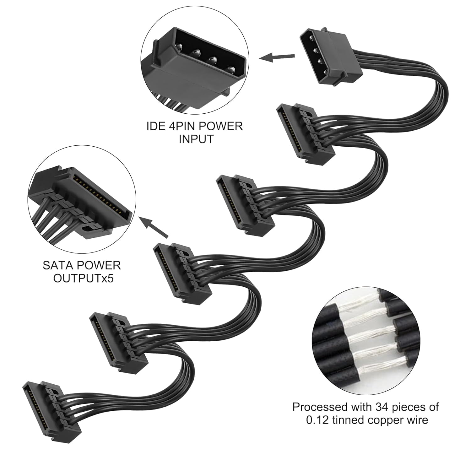 HRTGFD-4 Pin IDE to SATA Power Cable IDE Male to 5 x 15 Pin SATA Female Splitter Power Supply Cable Converter to SATA Extension Cable for DIY PC Server Hard Drive Hard Disk