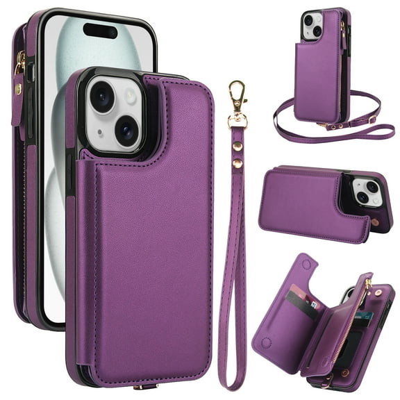 Wallet Case for Apple iPhone 15, with Crossbody Shoulder Strap & Hand Wrist Cards Holder Zipper Pocket Stand Feature Full Protective Shockpoof Phone Case for iPhone 15, Darkpurple
