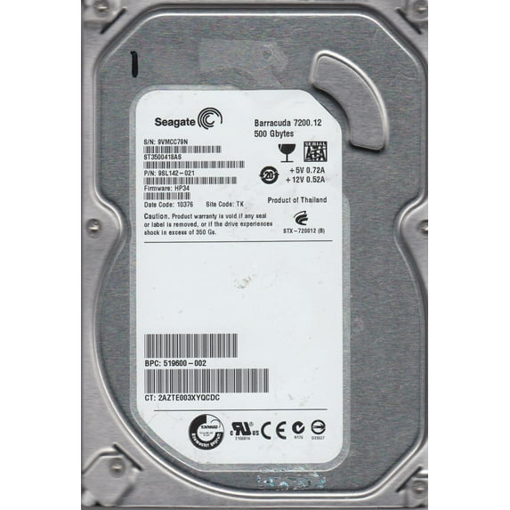 ST3500418AS, 9VM, TK, PN 9SL142-021, FW HP34, Seagate 500GB SATA 3.5 Hard Drive