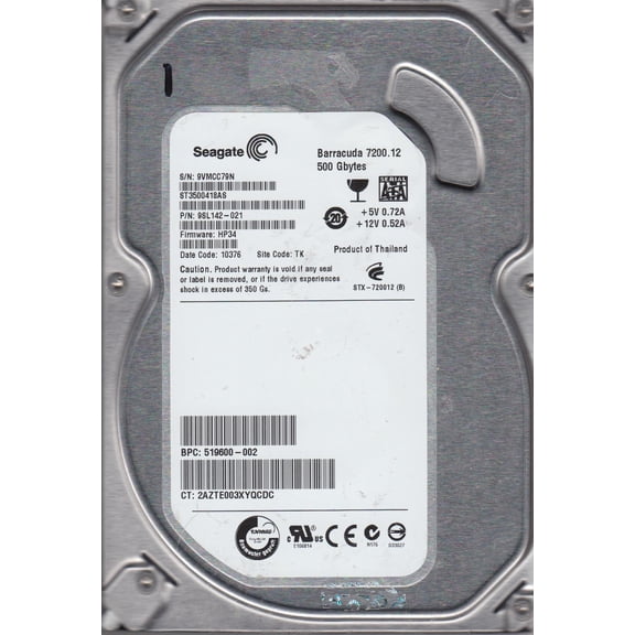 ST3500418AS, 9VM, TK, PN 9SL142-021, FW HP34, Seagate 500GB SATA 3.5 Hard Drive