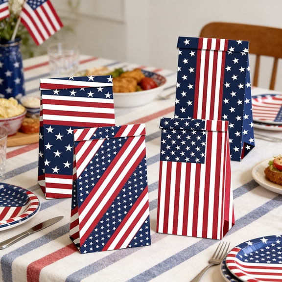 Dongrere 30 Pcs Patriotic Treat Bags with 18 Pcs Stickers, 4th of July American Flag Star Stripe Paper Bags for Party Decor Snack Supplies, 4.7x17.7 Inch