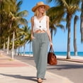 thumbnail image 4 of Cutuoiiu Women's Casual Wide Leg Pants Striped Cuff Detail Drawstring Elastic Waist with Pockets for Beach Vacation Daily Wear Gifts, 4 of 9