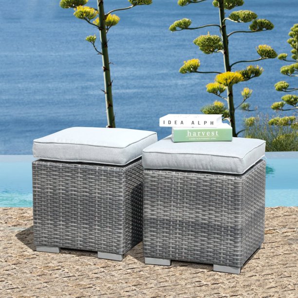 Outdoor Patio Rattan Ottoman Set (Set of 2) Grey