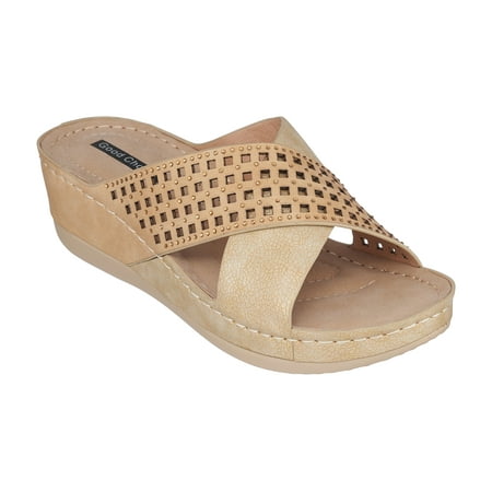 

GC Shoes Womens Open Toe Memory Foam Wedge Sandals Comfy Slip On Low Heel Cross Band Slide Platform Isabella/Gold/7.5