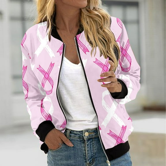 Luxalzxs Womens Breast Cancer Jacket Pink Ribbon Print Long Sleeve Full Zip Breast Cancer Awareness Bomber Jackets