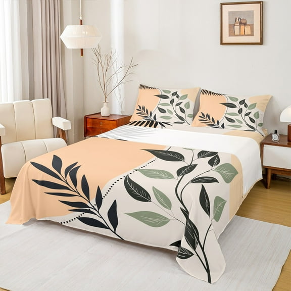 Manfei Rustic Leaves Twin Sheet Sets,Modern Aesthetic Deagin Twin Fitted Sheet,Beige Green Orange Flat Sheet For Girls,Super Cozy Room Decor,3 Pieces