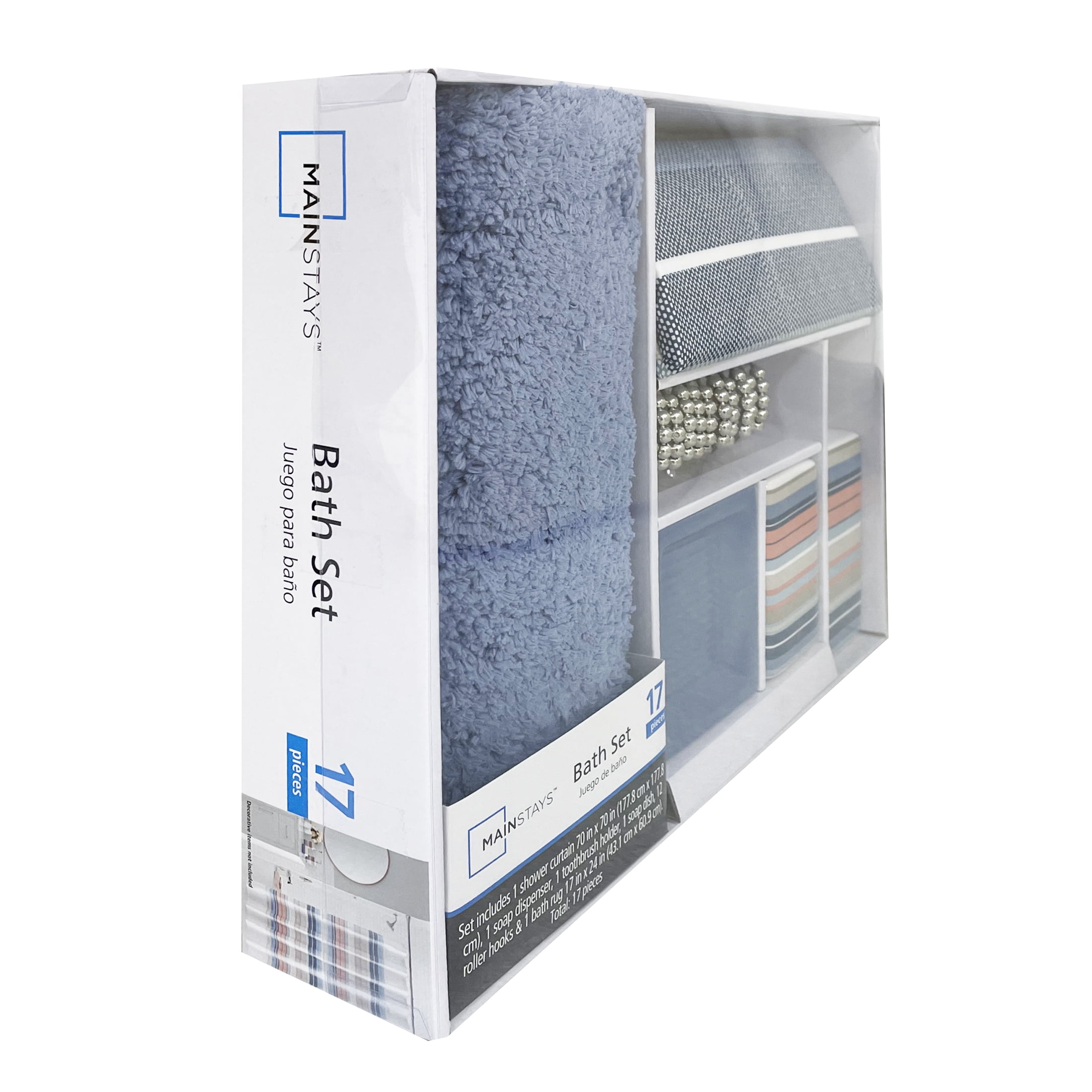 Mainstays 17-Piece Stripe Polyester/Ceramic Shower Curtain & Bathroom Accessory Set, Multi-Color
