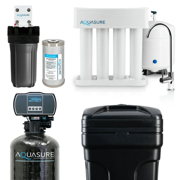 Aquasure Whole House Water Filtration Bundle w/ 48,000 Grain Water Softener, 75 GPD RO System & Triple Purpose Pre-Filter