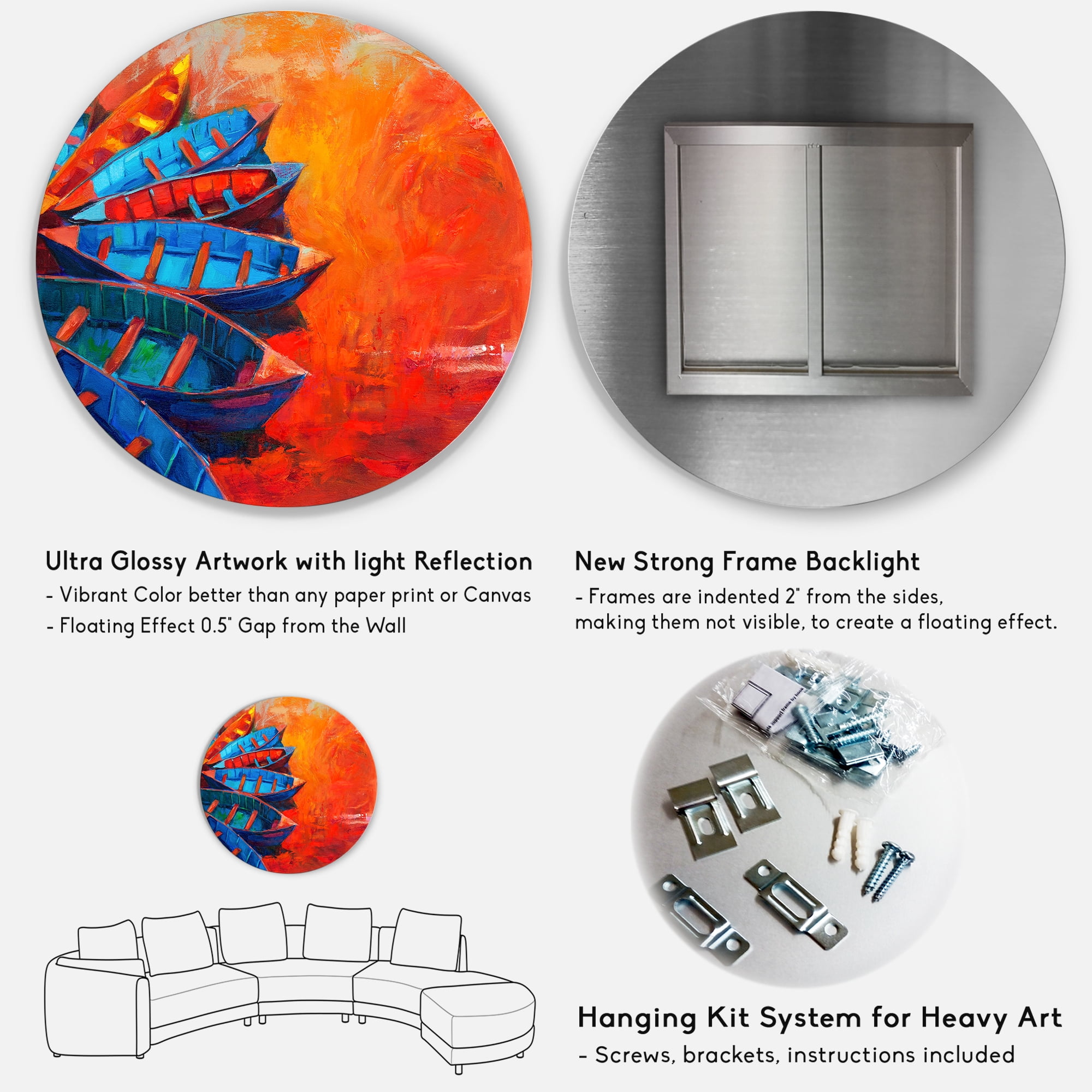 Designart 'Boats During Warm Sunset Resting On The Water V' Nautical & Coastal Circle Metal Wall Art 11x11 - Disc of 11