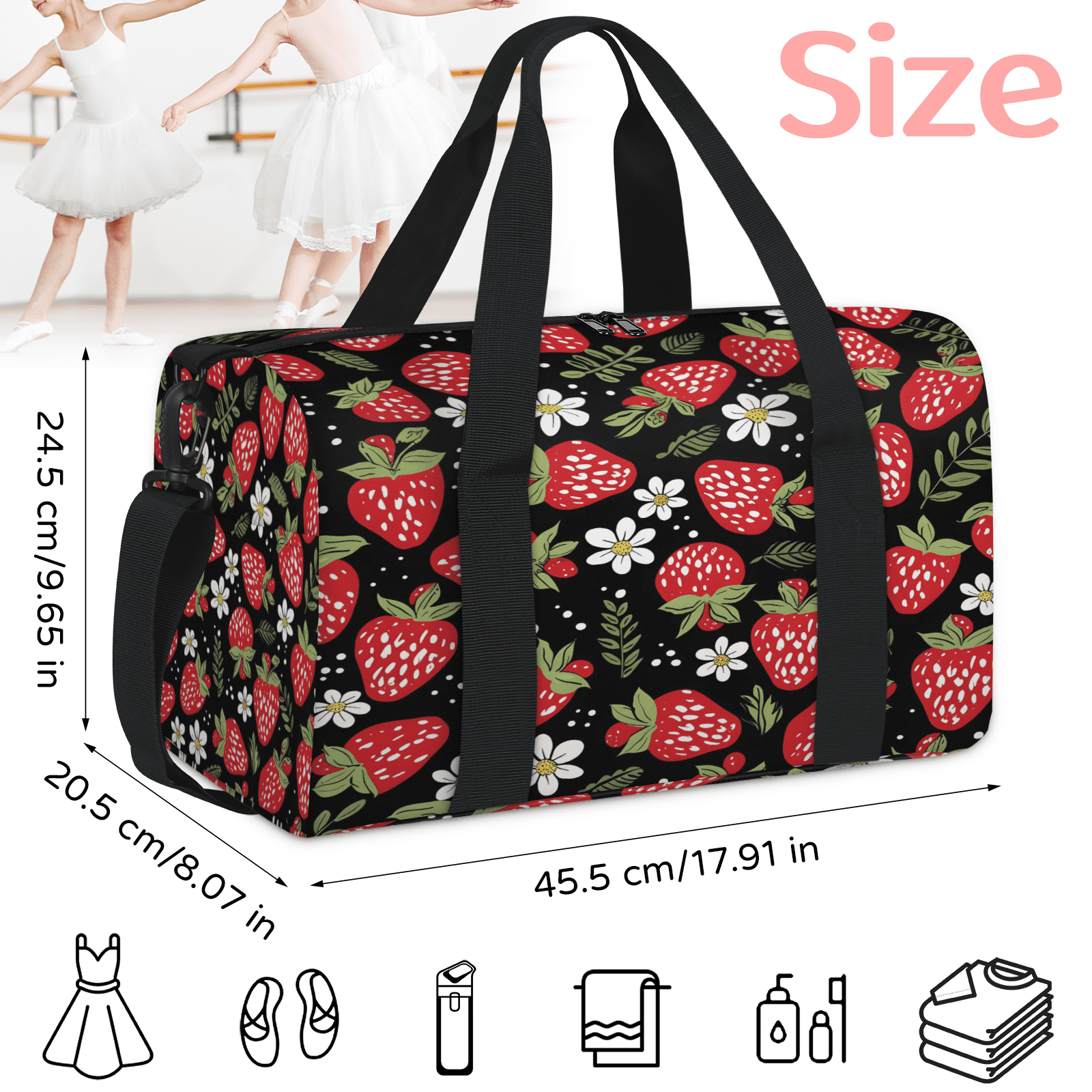 Herdesigns Strawberry Travel Duffle Bag Sports Yoga Weekender Overnight Carry on Workout Bags Lightweight Waterproof Gym Tote Bag for Women