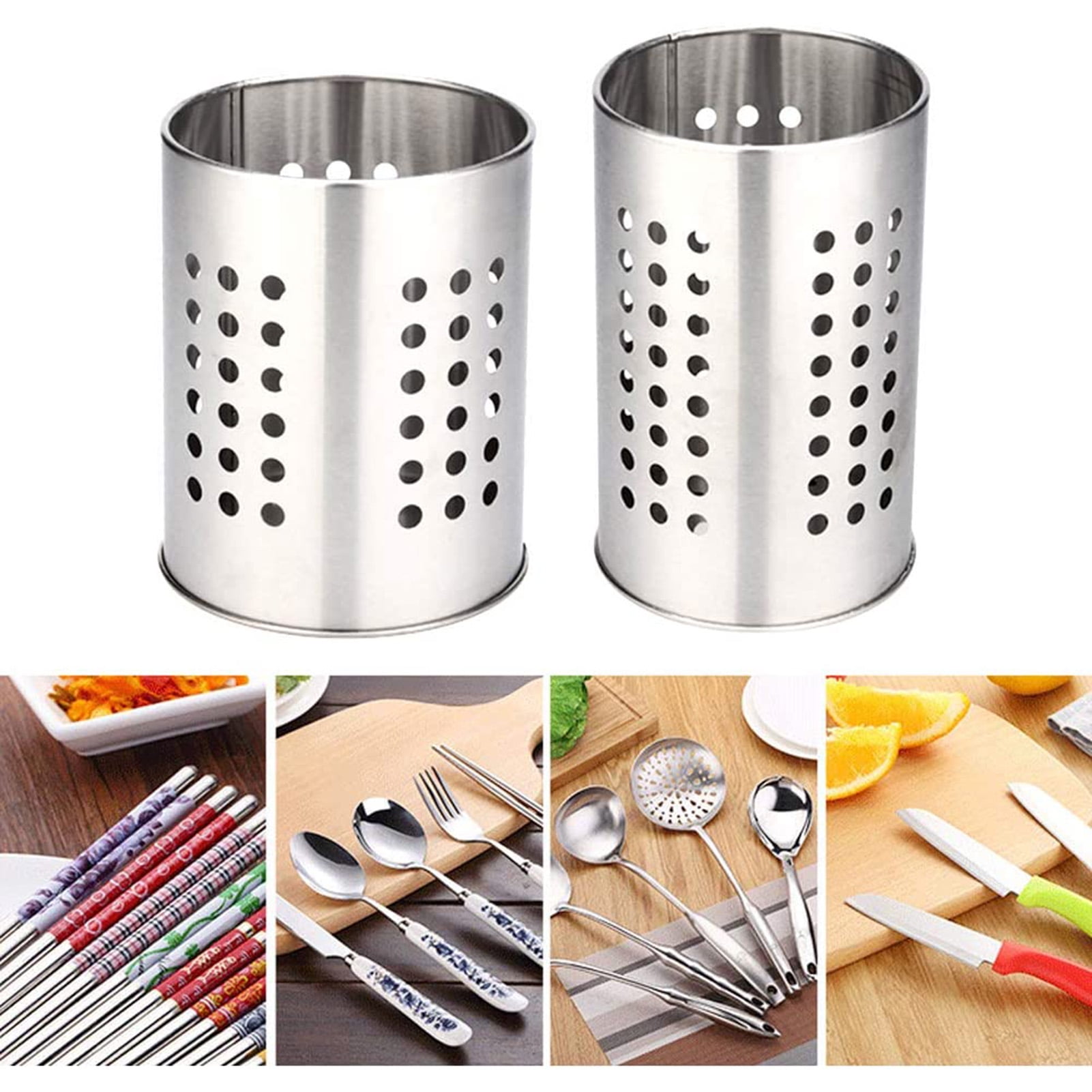 Cook N Home 02639 Stainless Steel Utensil Holder Jumbo 2pc Set 5.5-Inch x 6.3-Inch and 6.3-Inch x 7.08-Inch Silver