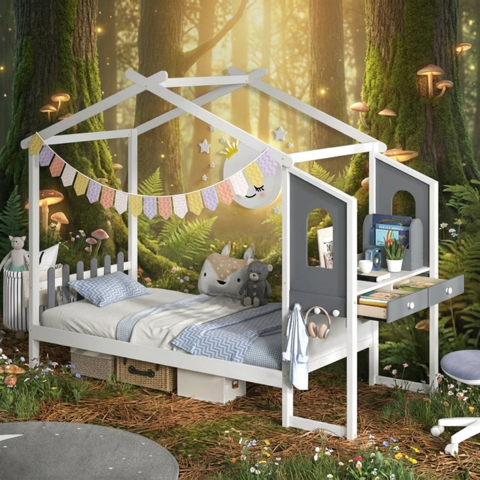 Furnibear Twin Size Kids House Bed Frame with Roof Canopy Fence and Storage Desk for Kids Bedroom, White and Gray