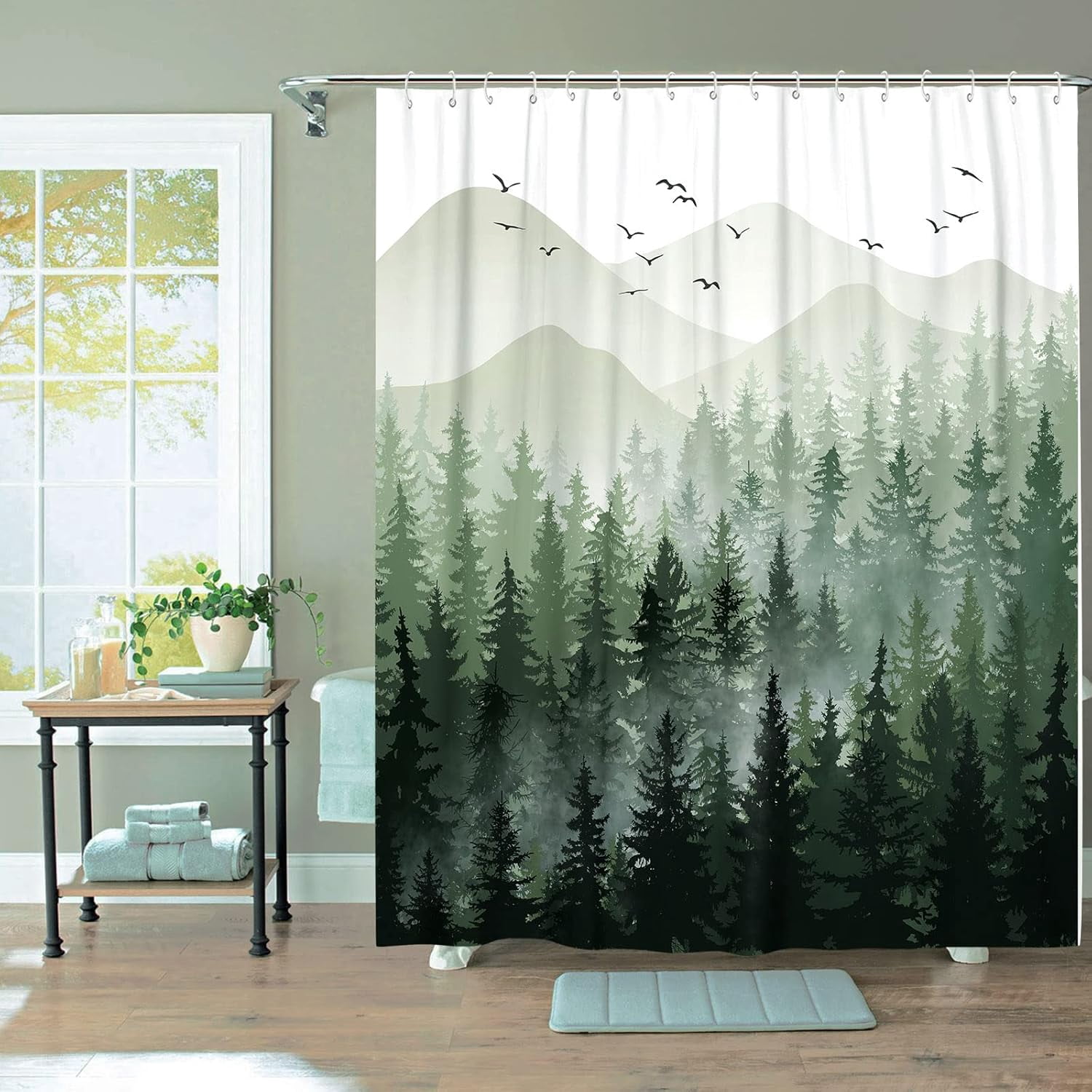 84 Inch Extra Long Green Misty Forest Shower Curtain Ombre Sage Green Mountain Pine Tree Waterproof Fabric Shower Curtains for Bathroom Nature Woodland Decorative Modern Bath Curtain Decor
