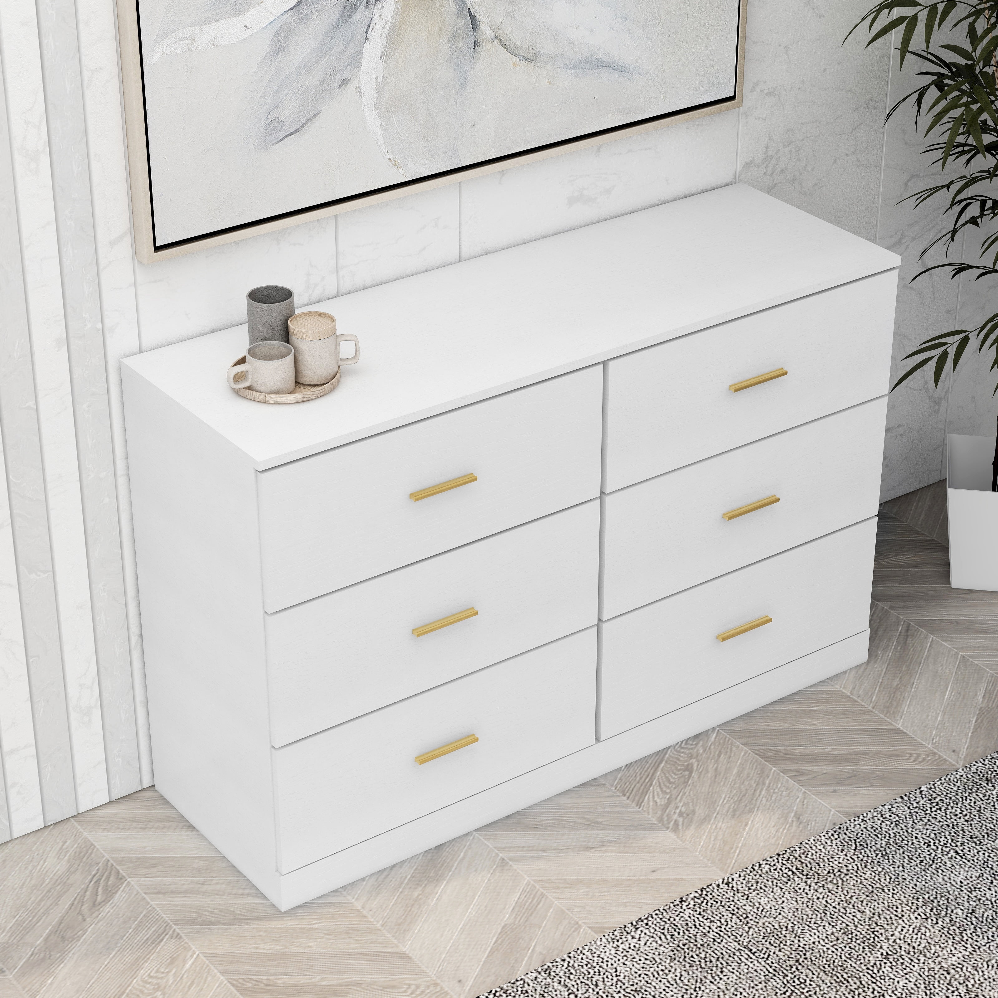 Yardi Yard Drawer Dresser, 6 Wooden Drawers Storage Dresser, Modern Chest of Drawer with Gold Handle, Bedroom, Living Room, White Yardi Yard Drawer Dresser, 6 Wooden Drawers Storage Dresser, Modern Chest of Drawer with Gold Handle, Bedroom, Living Room, White