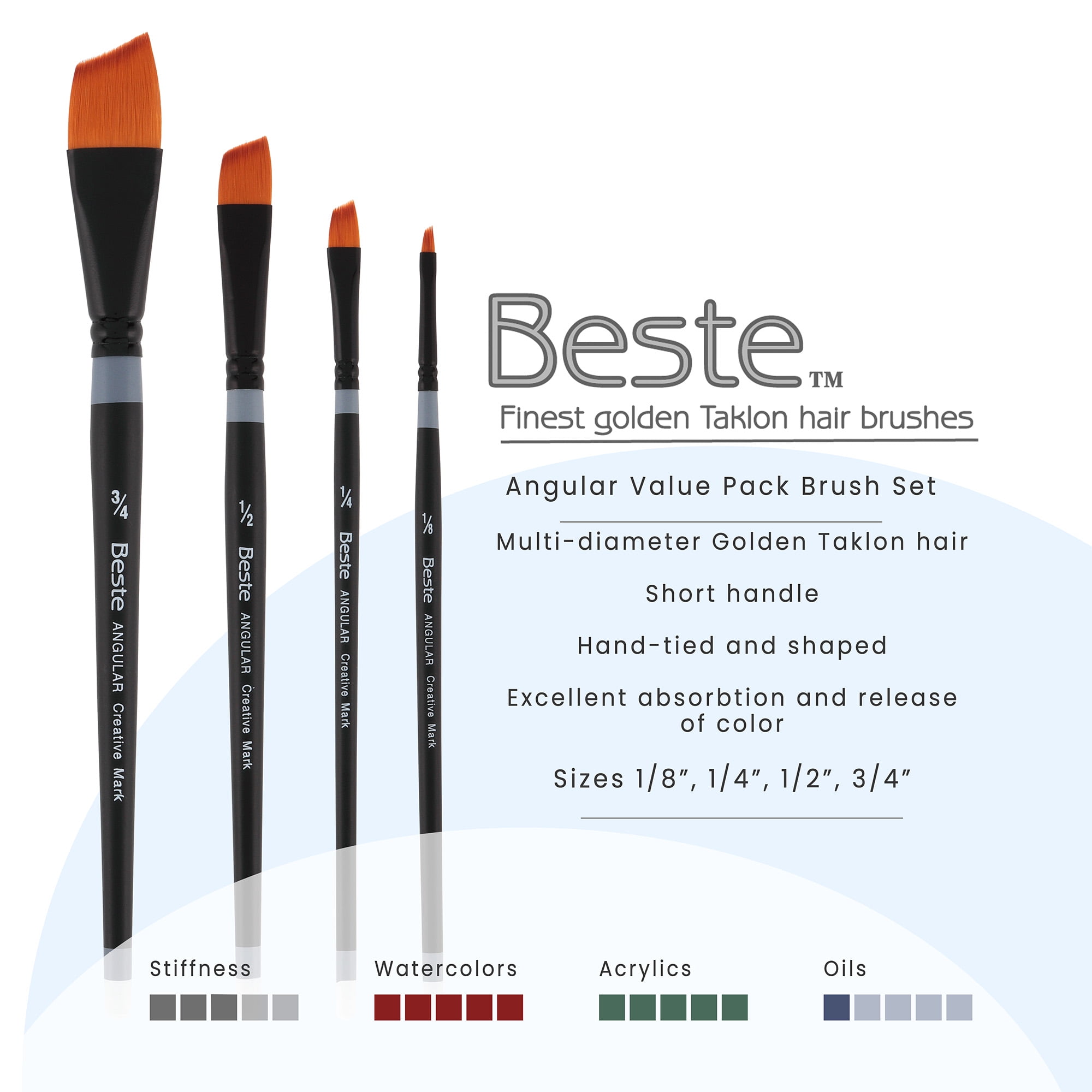 Creative Mark Beste Golden Taklon Gold Angular Set of 4 Artist Paint Brush, Professional Watercolor Brushes, For Acrylic Painting, Short Handle, Sharp Edges, Hand-Tied & Shaped