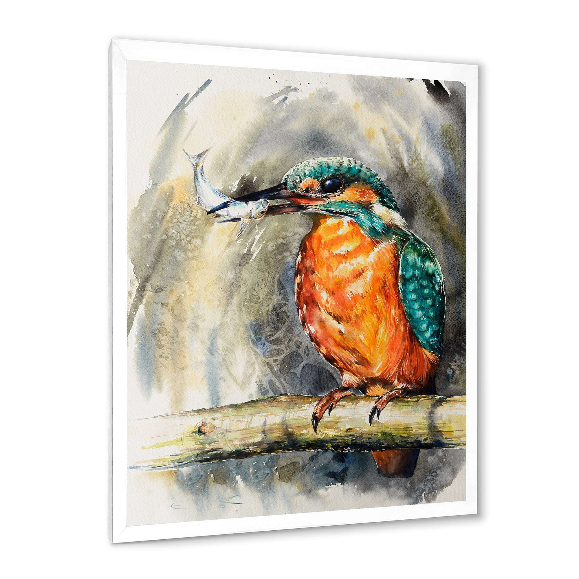 Designart 'Common Kingfisher On Branch Eating A Small Fish' Traditional Framed Art Print