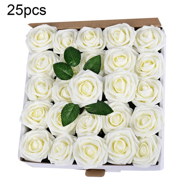 Flor de Rosa Artificial DIY Simulación Decoración Floral Adorno para el Hogar Espuma de PE Flor Falsa, Blanco Crema 25 piezas kenally HA8917-01B