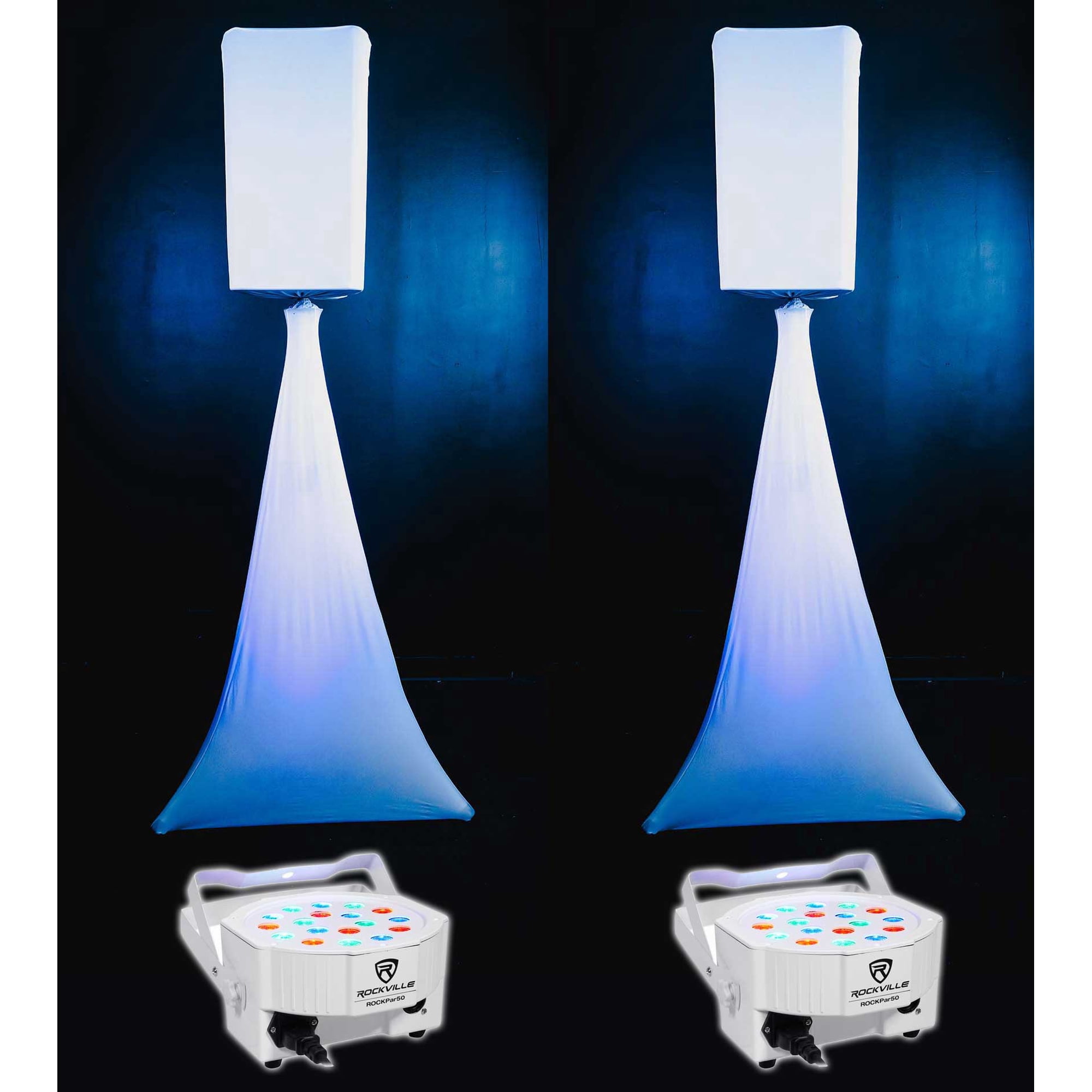 2 Rockville White 12" PA DJ Speaker Covers+Scrims+Stands+Lights 4 Wedding Church