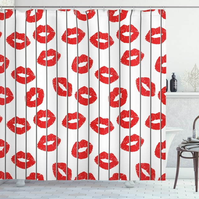 Ambesonne Glamour Shower Curtain, Woman Lips Love Behind Bars, 69"Wx75"L, Scarlet White and Grey