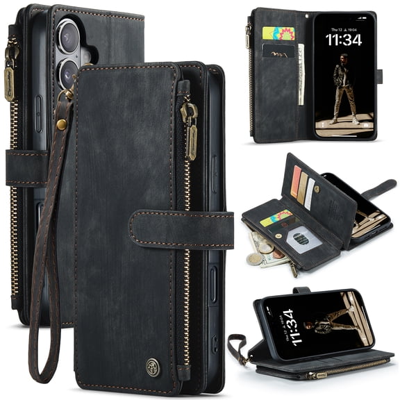 for iPhone 17 Wallet Case with Card Slots, Zipper Pocket and Magnetic Flip Folio, RFID Blocking Card Holder Stand Leather Detachable Wristlet Strap 3-in-1 Case for Women and Men,Black