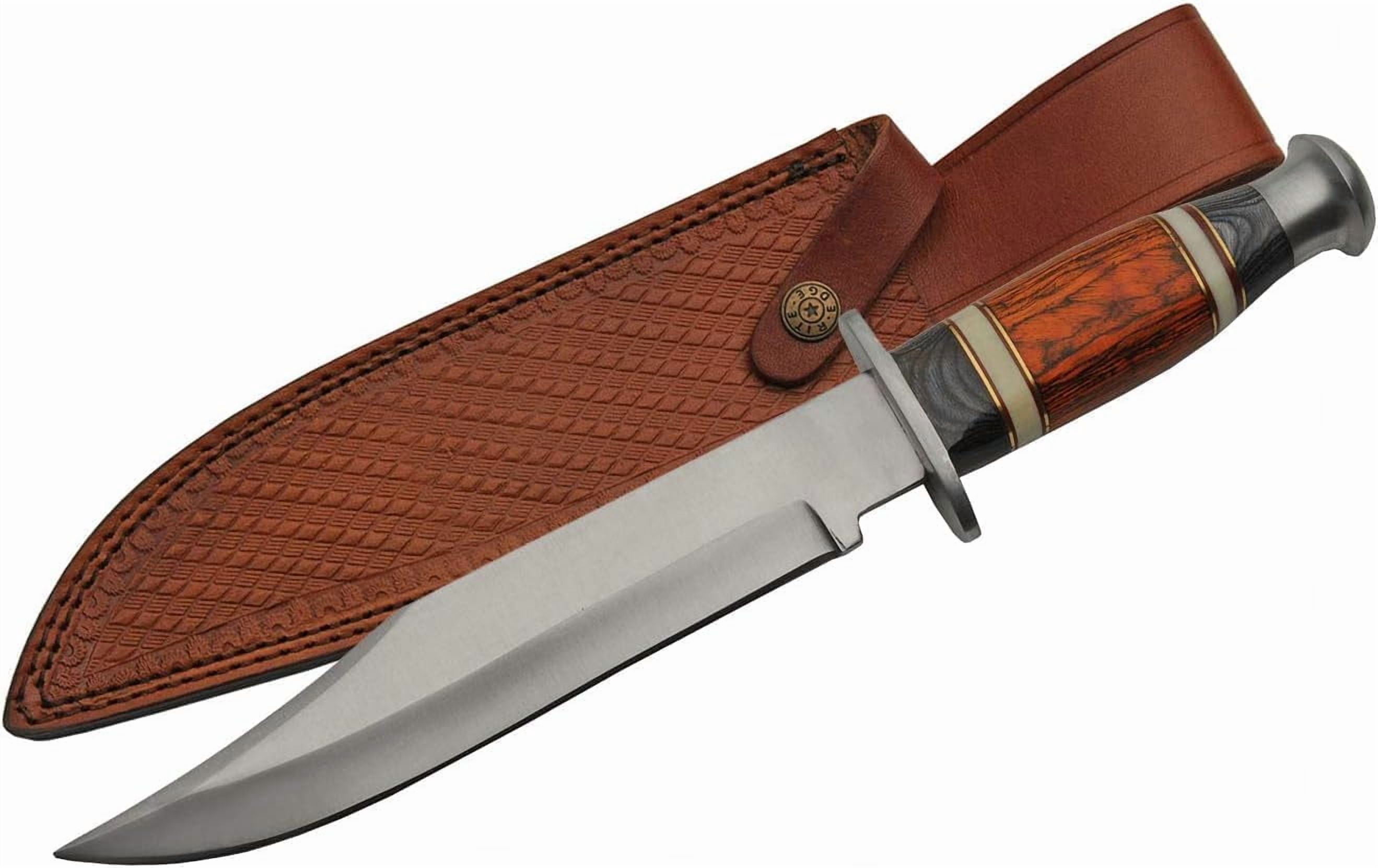 SZCO 14 Inch Wood Hunter Bowie Knife Stainless Steel Blade Pakkawood Handle Bone Spacers Leather Sheath Outdoor Utility Knife