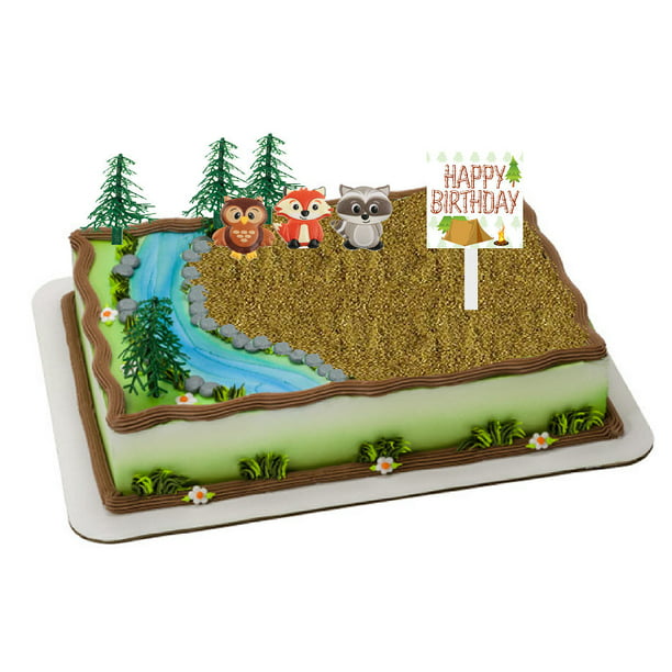 Camping Outdoor Adventure Woodland Animals Tree Happy Birthday Theme Cake  Decoration Food Topper Decorating Kit 