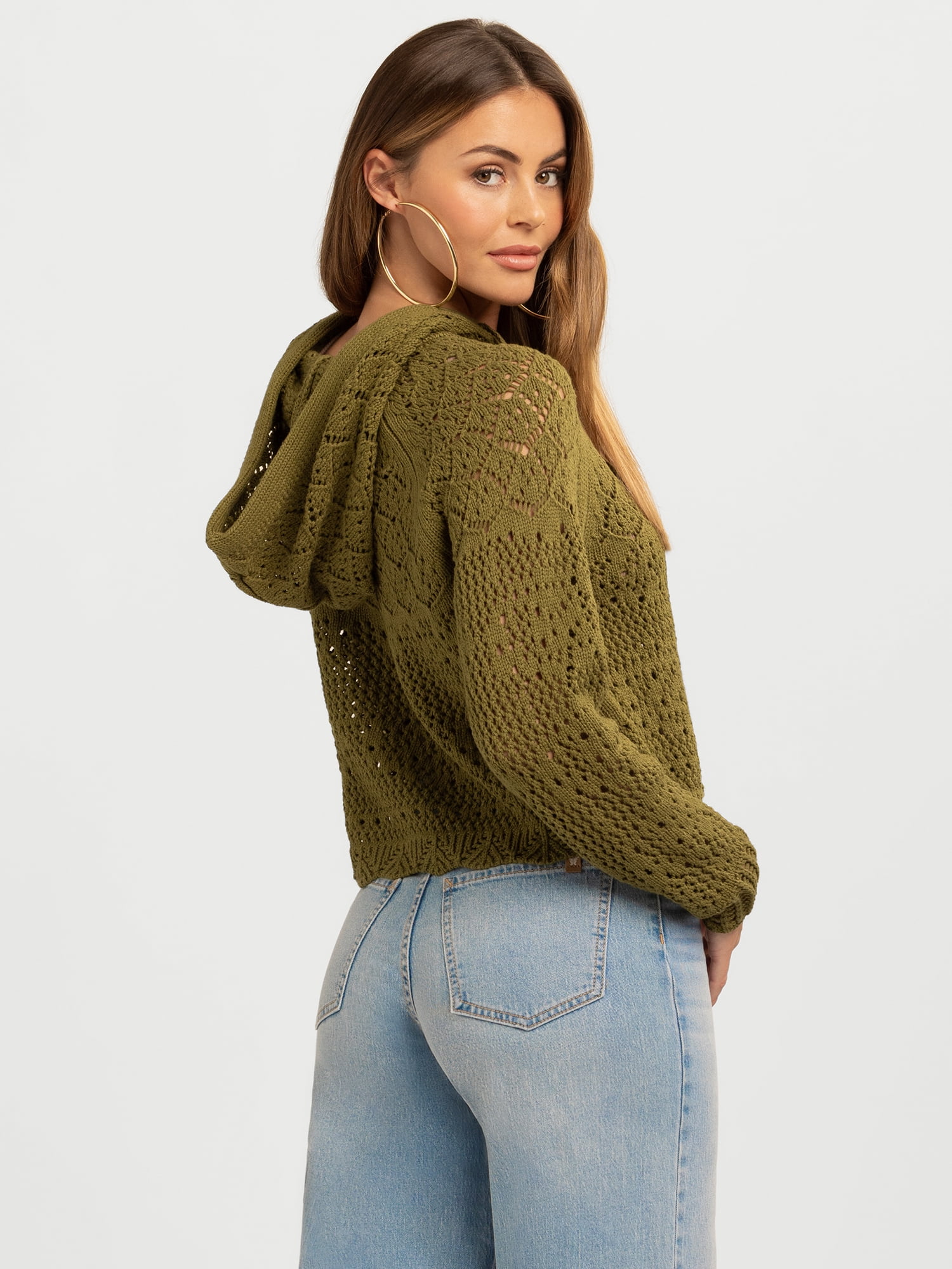 Jessica Simpson Women's Mikaela Pointelle Hoodie Sweater with Long Sleeves, Lightweight, Sizes XS-XL