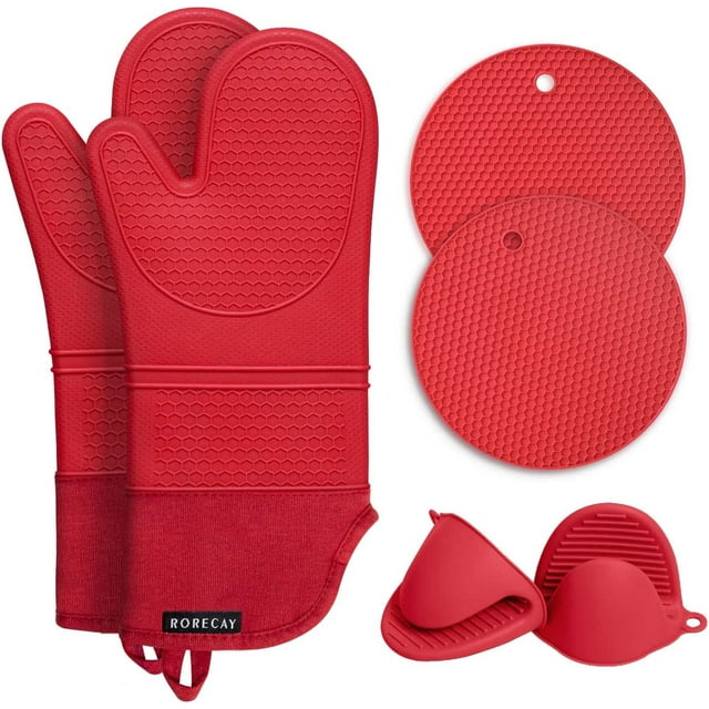 Juego de guantes y soportes para ollas Rorecay, resistentes al calor, color rojo