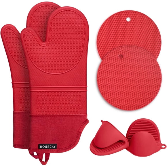 Juego de guantes y soportes para ollas Rorecay, resistentes al calor, color rojo