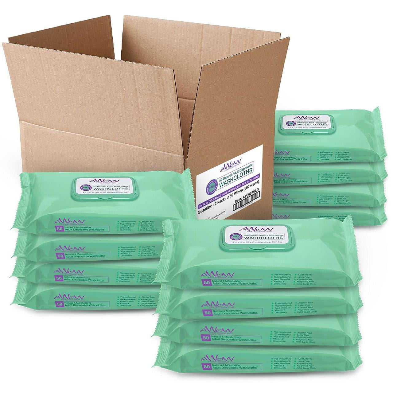 AWOW Professional Natural Adult Disposable Cleansing Washcloths, 50