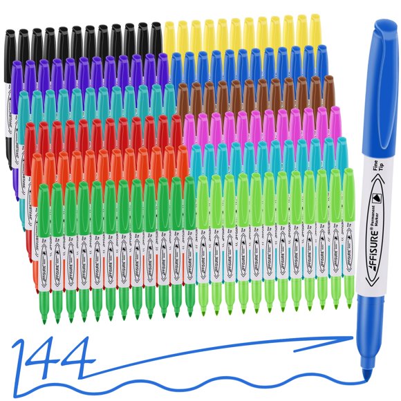Rotuladores permanentes Affisure, paquete de 144, 12 colores, punta fina