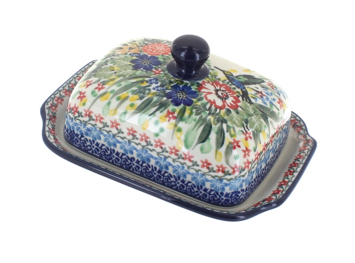 Blue Rose Polish Pottery Hummingbird Butter Dish