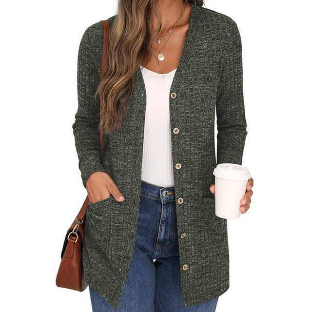 Innerwin Cardigan en Tricot à Manches Longues pour Femmes, Vêtement d'Extérieur, Vacances, Couleur Unie, Cardigans Doux, Vert Armée, P