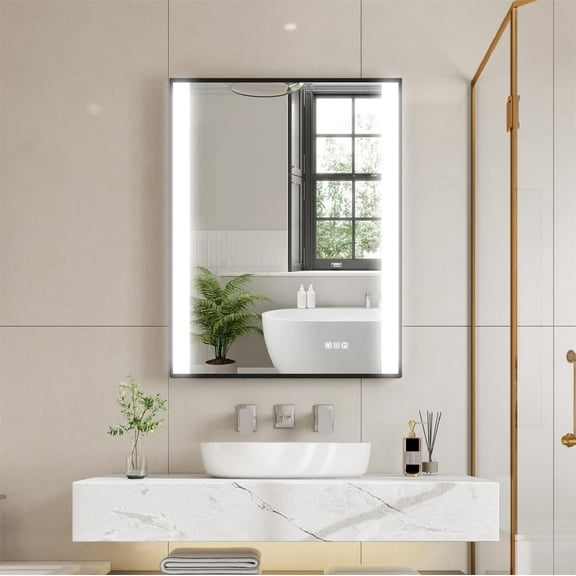 ANGELES HOME 28" x 36" Framed LED Bathroom Mirror, Wall Mounted Bathroom Vanity Mirror with Lights, Lighted Bathroom Mirror with Memory Function, Anti-Fog, Dimmable, Double Light Strip, Matte Black