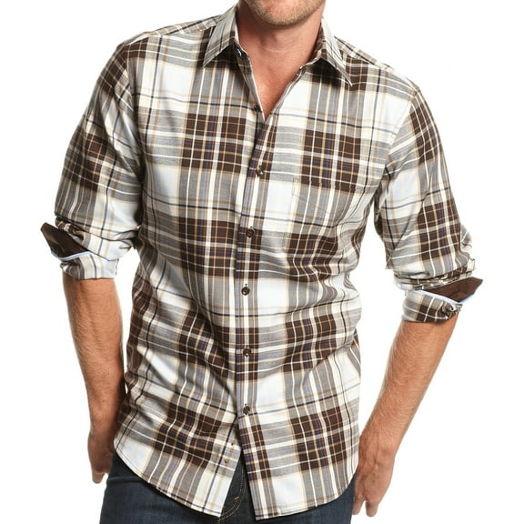 Tasso Elba Mens Brown Brushed Plaid Cotton Button Down Shirt (Medium, Brown)