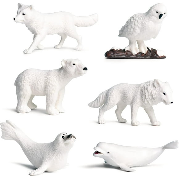 HUGFEGWE 6 Pcs Simulation Animal Polaire, Mini Figurines d'Animaux Arctiques, Ours Polaire Hibou Enneigé Phoques Renard Blanc Béluga Loup Outil Cognitif U2537-31328