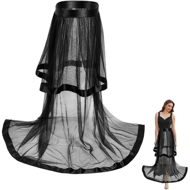 Falda larga de tul negro de doble capa de 110 cm, tutú de malla transparente, maxifalda de poliéster de cintura alta, vestido de bikini desmontable con encaje.